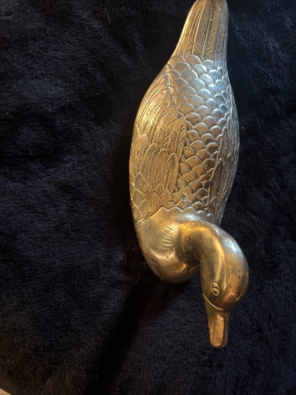 Brass MCM mallard Duck, semi hollow  - 18 inch long Sculpted Feather Detail